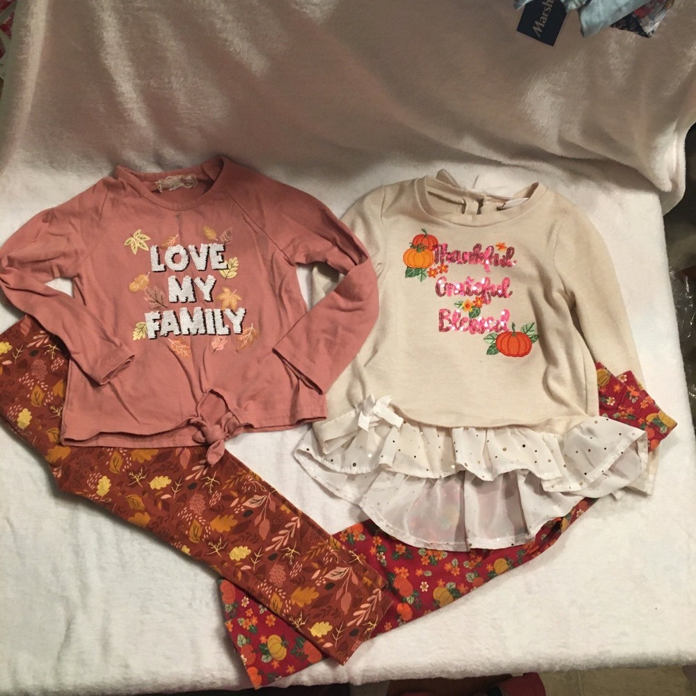 btween Fall Thanksgiving Outfit‎ Set Girls Size 5 Pink Cream Good Sequin Pumpkin
